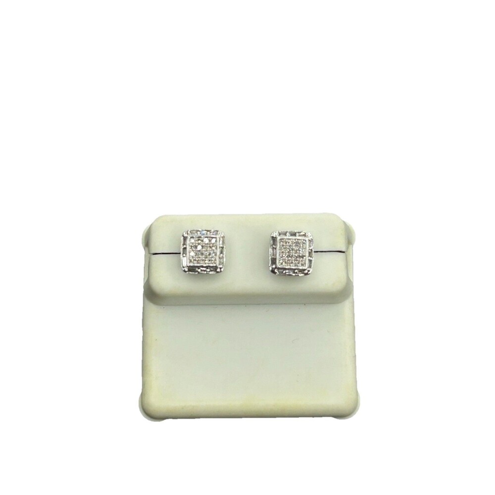 10k White Gold Diamond Square Stud Earrings Prong Setting 0.16ctw